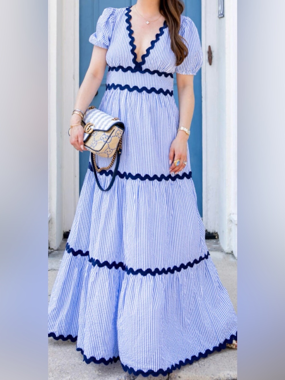 Sail to Sable Blue and White Striped Maxi Dress with Navy Trim pit-pit18 (mox44)